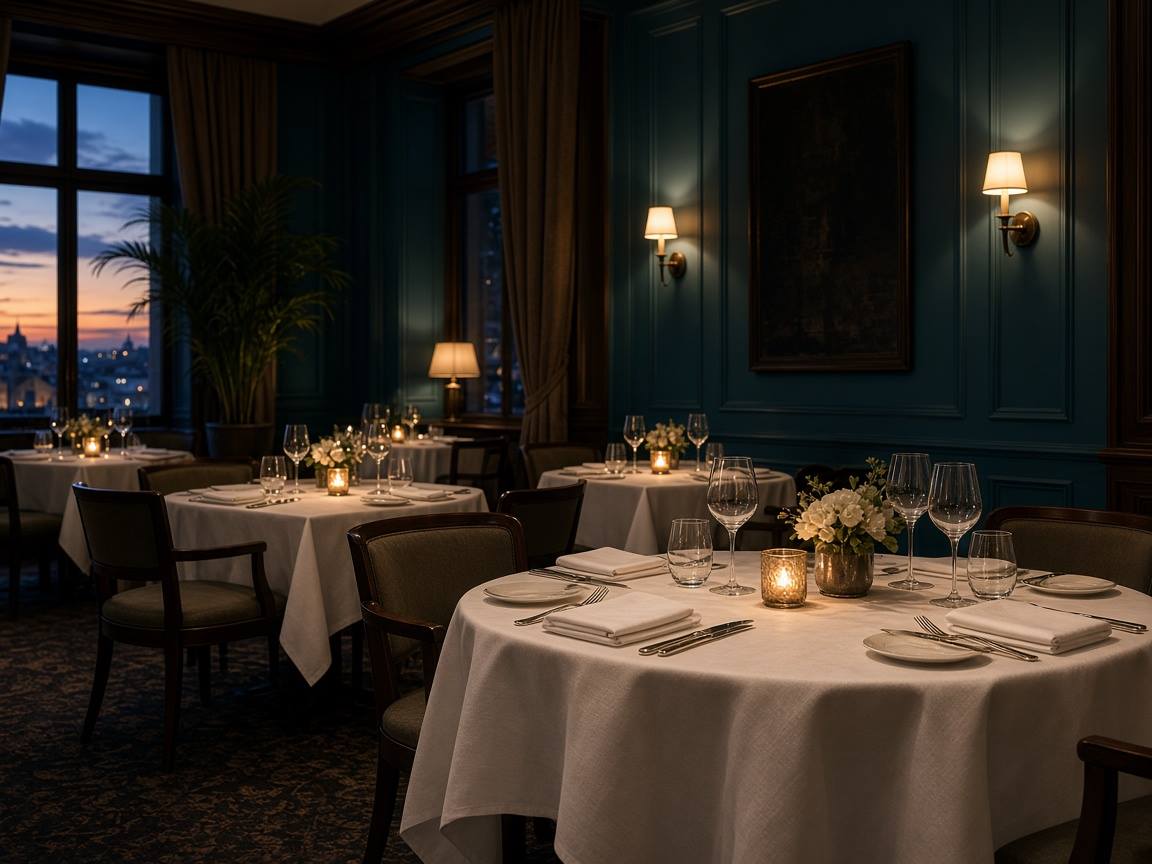 Restauracja kompleksu — nakryte stoły, wieczorne światło